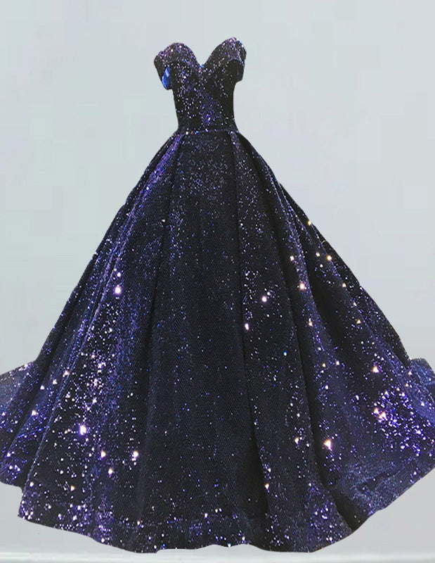 Dark green off the shoulder velvet sequin long train prom dress ball gown
