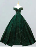 Dark green off the shoulder velvet sequin long train prom dress ball gown