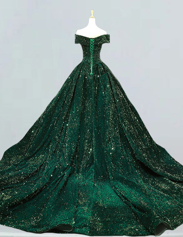 Dark green off the shoulder velvet sequin long train prom dress ball gown