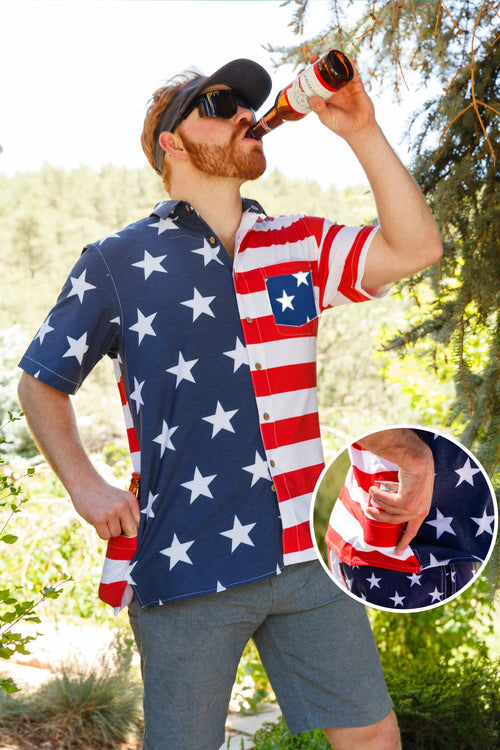 American Flag 2pc Casual Button Up Shirt and Swim Trunks Men's Beach Leisure Suit Outfit