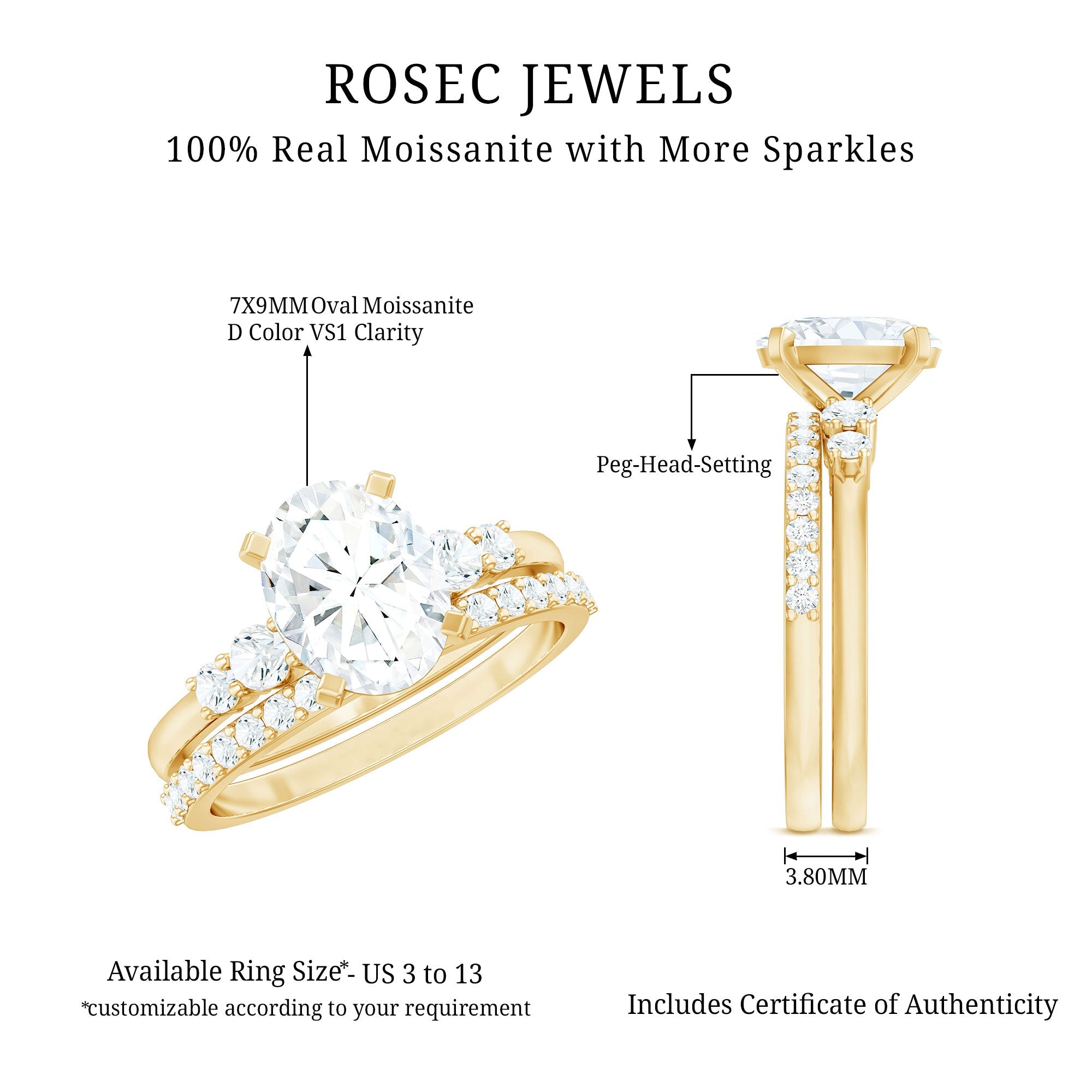 Certified Oval Cut Moissanite Engagement Ring with Wedding Band Set