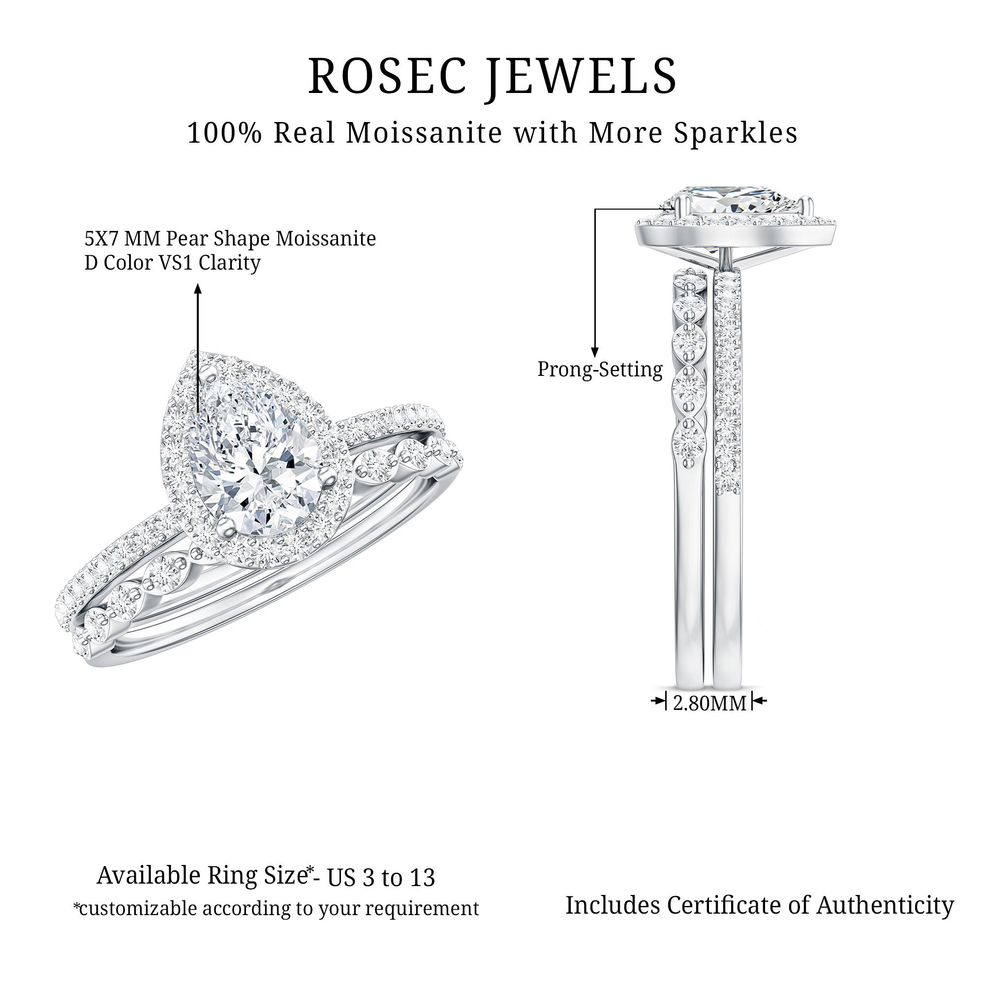 1.75 CT Moissanite Teardrop Wedding Ring Set with Halo