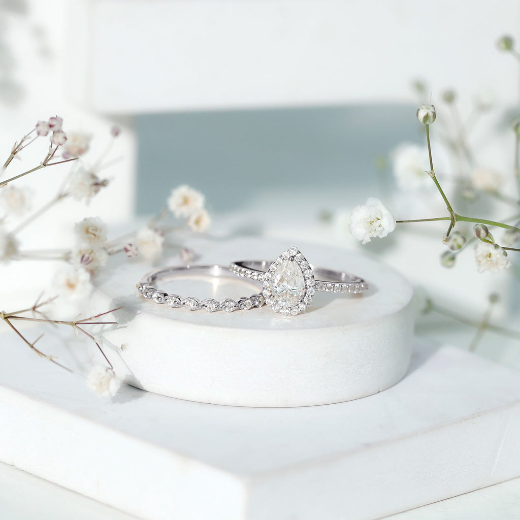 1.75 CT Moissanite Teardrop Wedding Ring Set with Halo