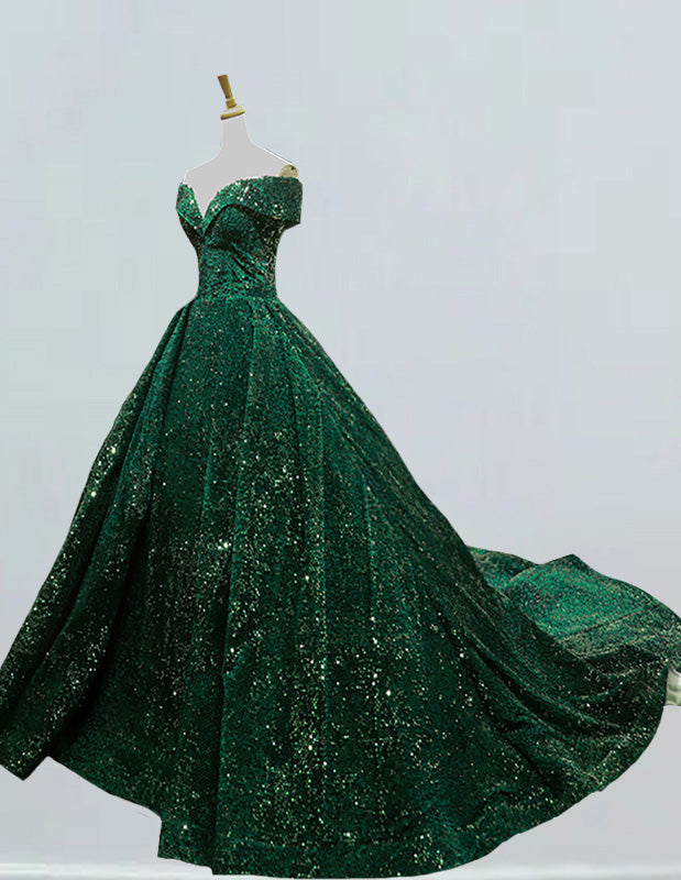 Dark green off the shoulder velvet sequin long train prom dress ball gown