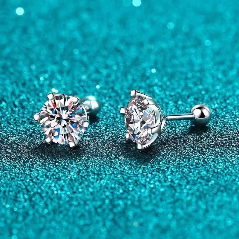 Moissanite Screw Stud Earrings D Color 6-Prong 925 Sterling Silver Wedding
